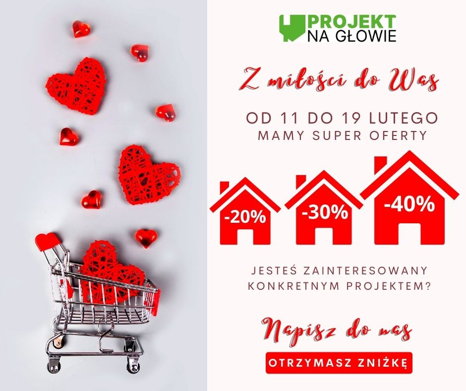 Walentynkowa promocja firmy Projekt na Głowie: Czerwone serca w wózku zakupowym i obok, obok infografika z domkami i rabatami -20%, -30%, -40% od 11 do 19 lutego.