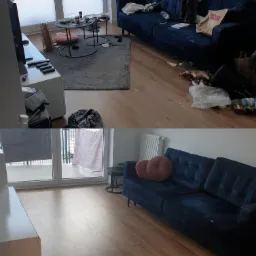 Porównanie stanu salonu przed i po: bałagan na stoliku kawowym, podłodze i sofie kontra czysta, uporządkowana przestrzeń z sofą z poduszkami.