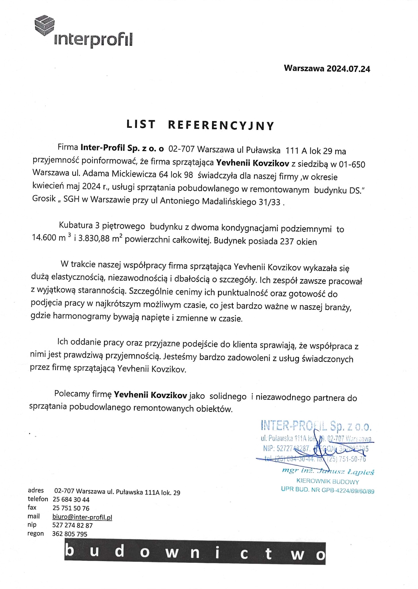 Dokument referencyjny dla firmy sprzątającej Yevhenii Kovzikov, polecający usługi sprzątania pobudowlanego i remontowanych obiektów, wystawiony przez Inter-Profil Sp. z o.o.
