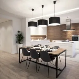 Jasne, przestronne wnętrze kuchni z jadalnią w nowoczesnym stylu. Drewniany stół z czarnymi krzesłami i nakryciem. Białe szafki kuchenne z drewnianym panelem na ścianie. Trzy czarne lampy wiszące...