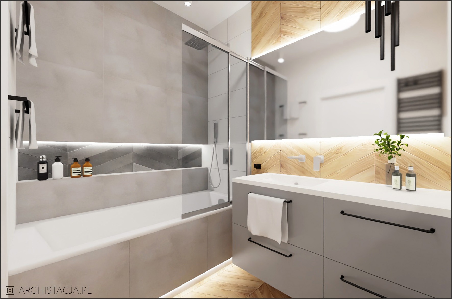 Nowoczesna łazienka z szarą zabudową wanny, drewnianymi akcentami na ścianie za umywalką i podświetleniem LED. Widoczna szklana kabina prysznicowa i minimalistyczne akcesoria.
