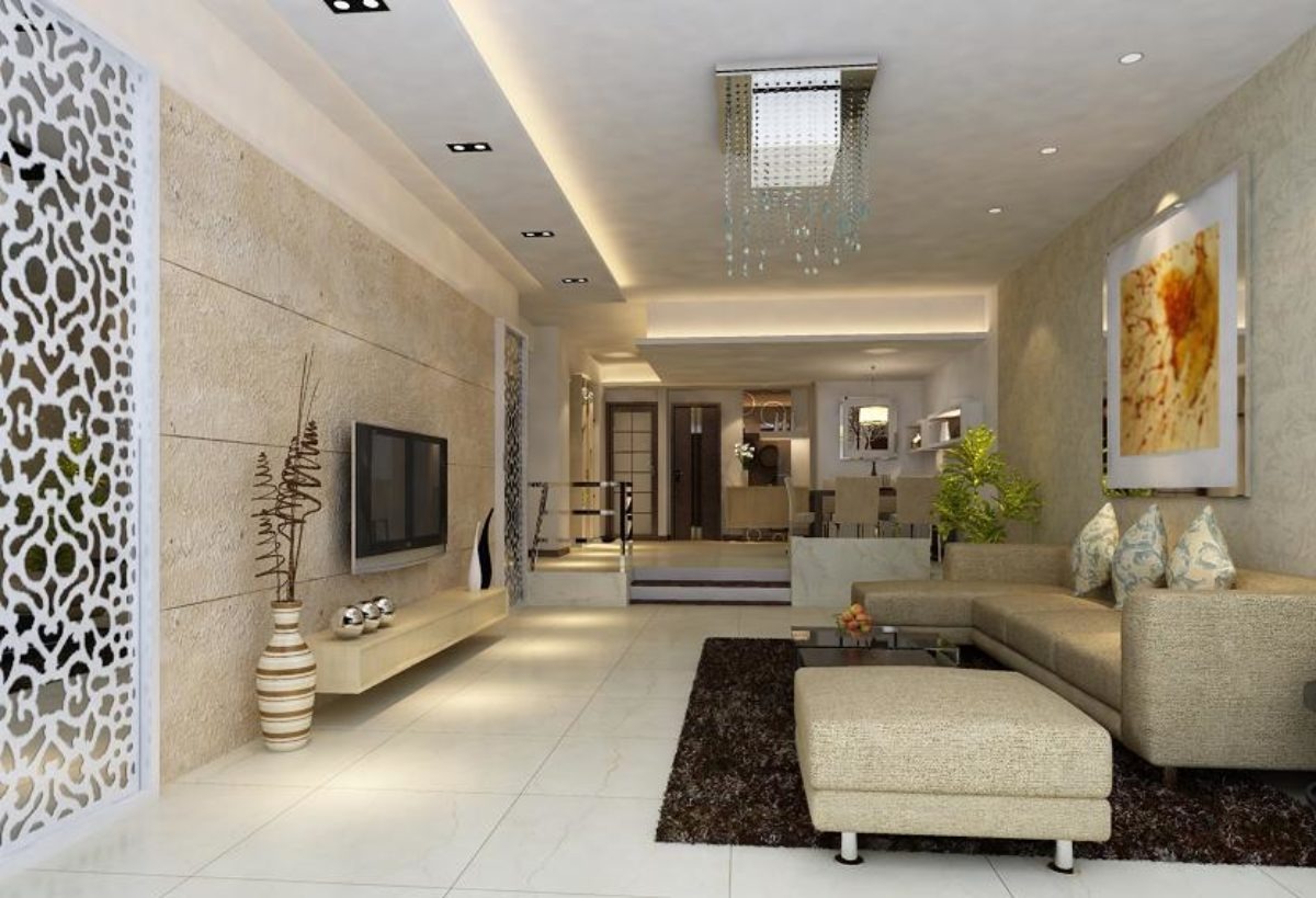 Jasne wnętrze salonu z beżową sofą, dekoracyjną ścianą z kamienia, telewizorem, ażurowym panelem i oświetleniem punktowym