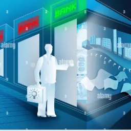 Abstrakcyjna grafika przedstawiająca postać z walizką z symbolem żarówki, budynki, banknoty i dokumenty na tle stylizowanego wnętrza banku.