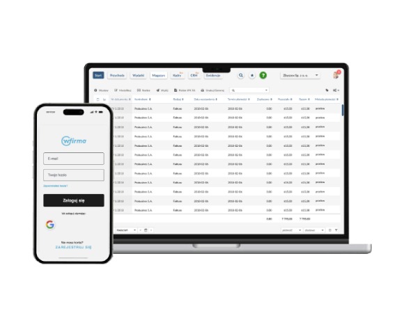Ekran laptopa i smartfona prezentujące interfejs oprogramowania do zarządzania finansami firmy, z widoczną listą faktur i opcją logowania.