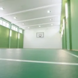 Zielona podłoga hali sportowej z białymi liniami, widok na kosz do koszykówki na białej ścianie w tle, oświetlenie jarzeniowe