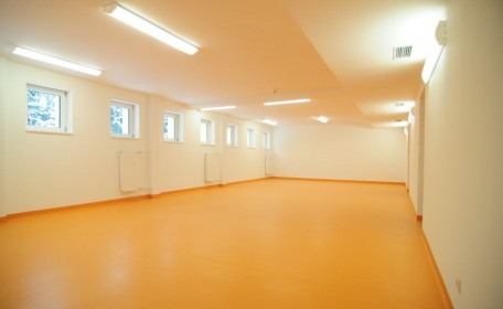 Jasne pomieszczenie z pomarańczową, jednolitą podłogą, białymi ścianami i rzędem okien wzdłuż ściany, oświetlone lampami sufitowymi.