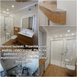 Kolaż zdjęć z remontowanej łazienki: widok po remoncie z kabiną prysznicową, umywalką z szafką z jasnego drewna, toaletą i krzesłem prysznicowym; fragment blatu z jasnego drewna z metalowym...