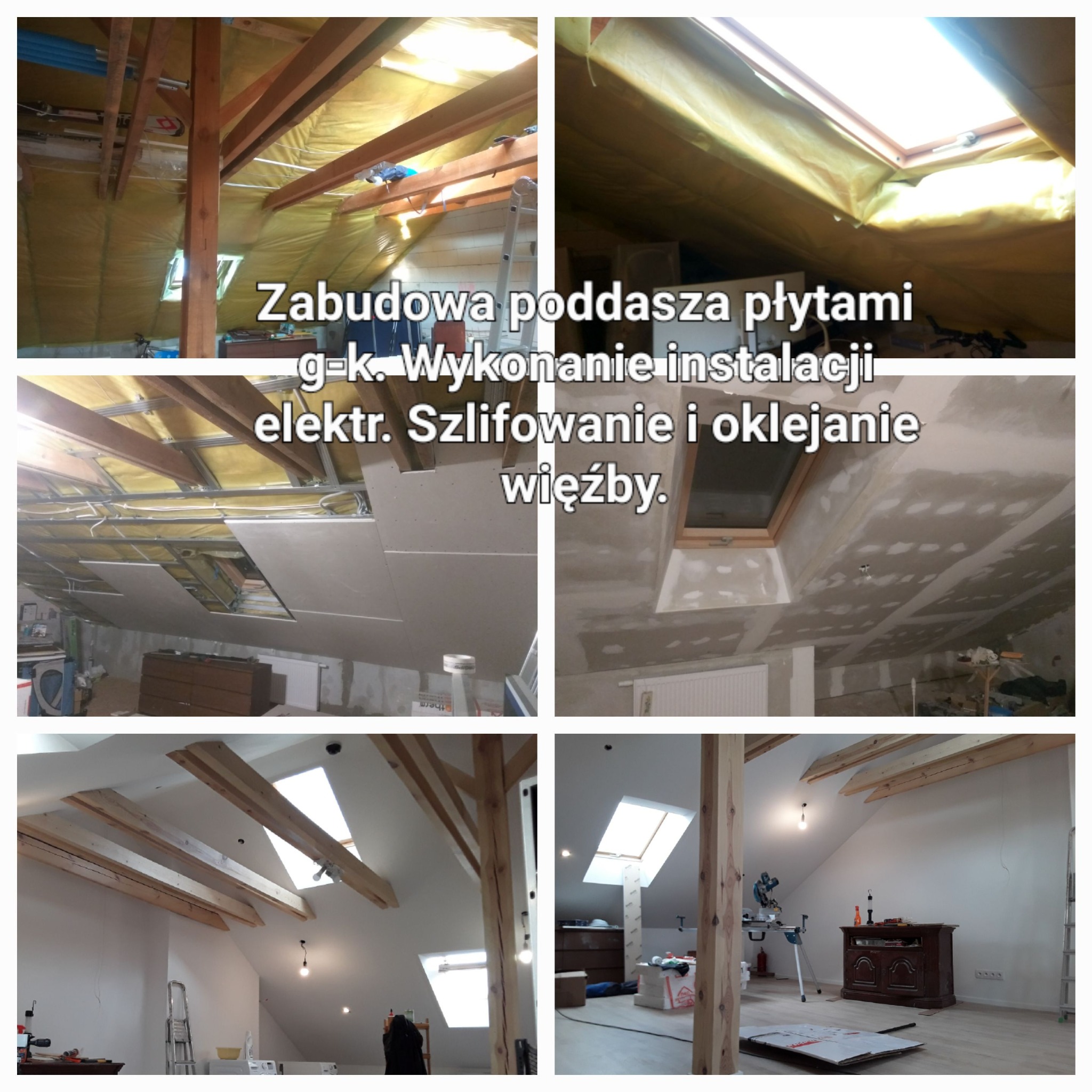 Adaptacja poddasza: izolacja wełną mineralną, montaż płyt karton-gips, instalacja elektryczna, szlifowanie i oklejanie więźby, widoczne drewniane belki stropowe i okno dachowe