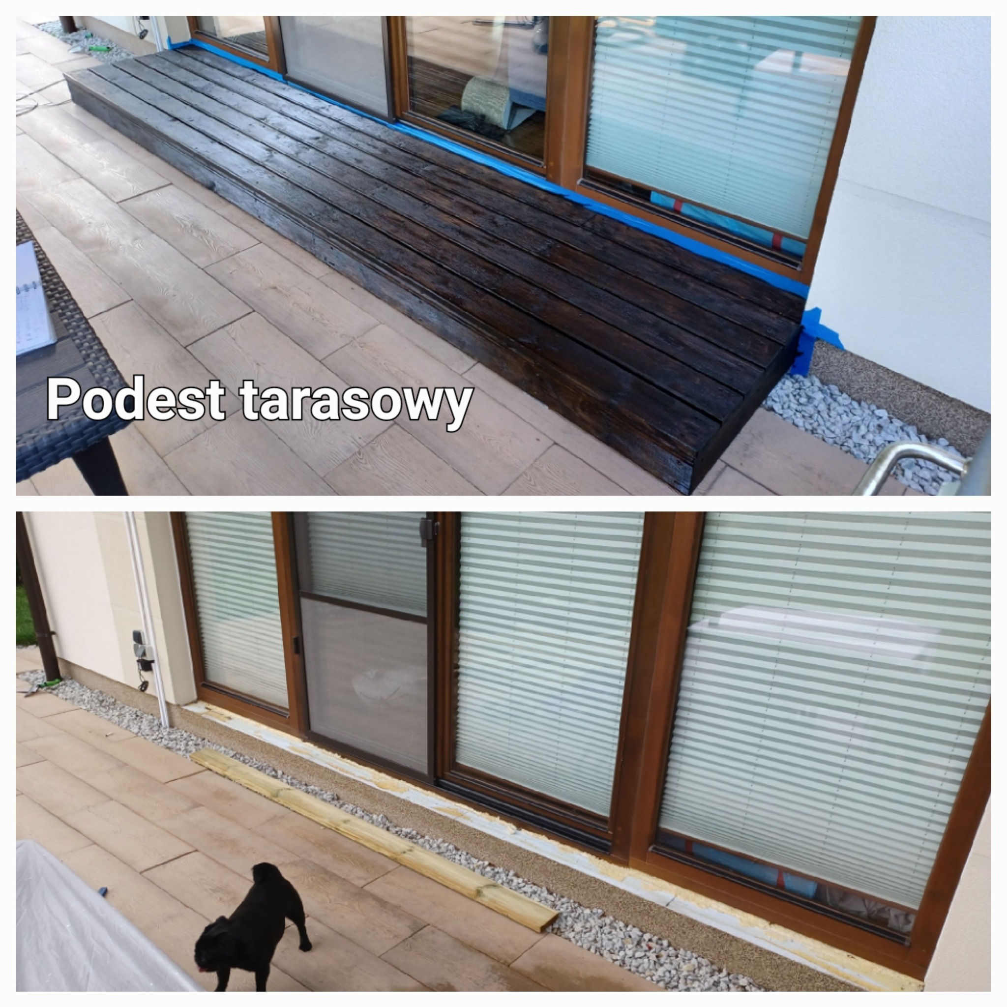 Podest tarasowy z ciemnego drewna, zabezpieczony niebieską taśmą malarską przy oknie tarasowym; w tle widoczny fragment tarasu z jasnych płyt oraz mały czarny pies.