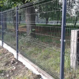 Długi, czarny panelowy płot na betonowej podmurówce, ciągnący się wzdłuż zielonego terenu z drzewami w tle. Słup elektryczny widoczny po prawej stronie.