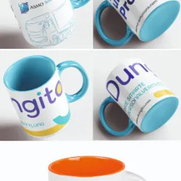 Kompozycja pięciu białych kubków z różnymi nadrukami: logo firmy transportowej z rysunkiem ciężarówki, hasła reklamowe w języku niemieckim, nazwy firm z kolorowymi elementami graficznymi...