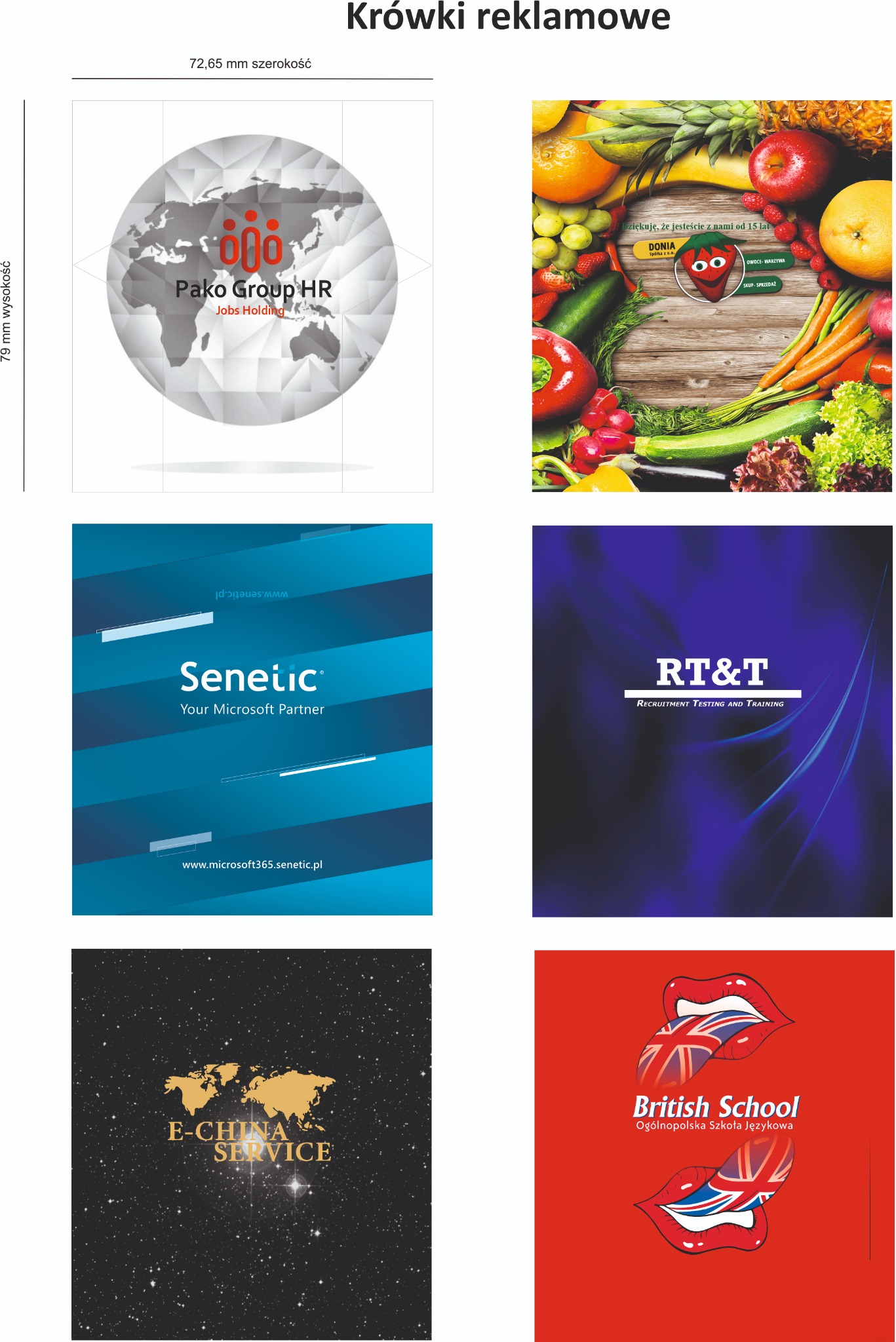 Kolaż sześciu reklamowych projektów graficznych: logo firmy HR na tle globu, reklama sklepu z owocami i warzywami, projekt wizualny firmy IT, reklama firmy rekrutacyjnej, logo firmy...