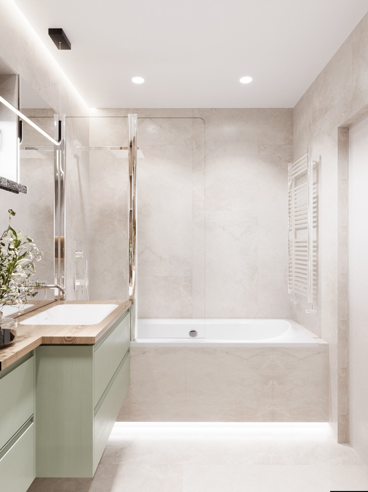 Nowoczesna łazienka z zabudową w odcieniach zieleni, drewnianym blatem, przeszkloną kabiną prysznicową i podświetleniem LED pod wanną.