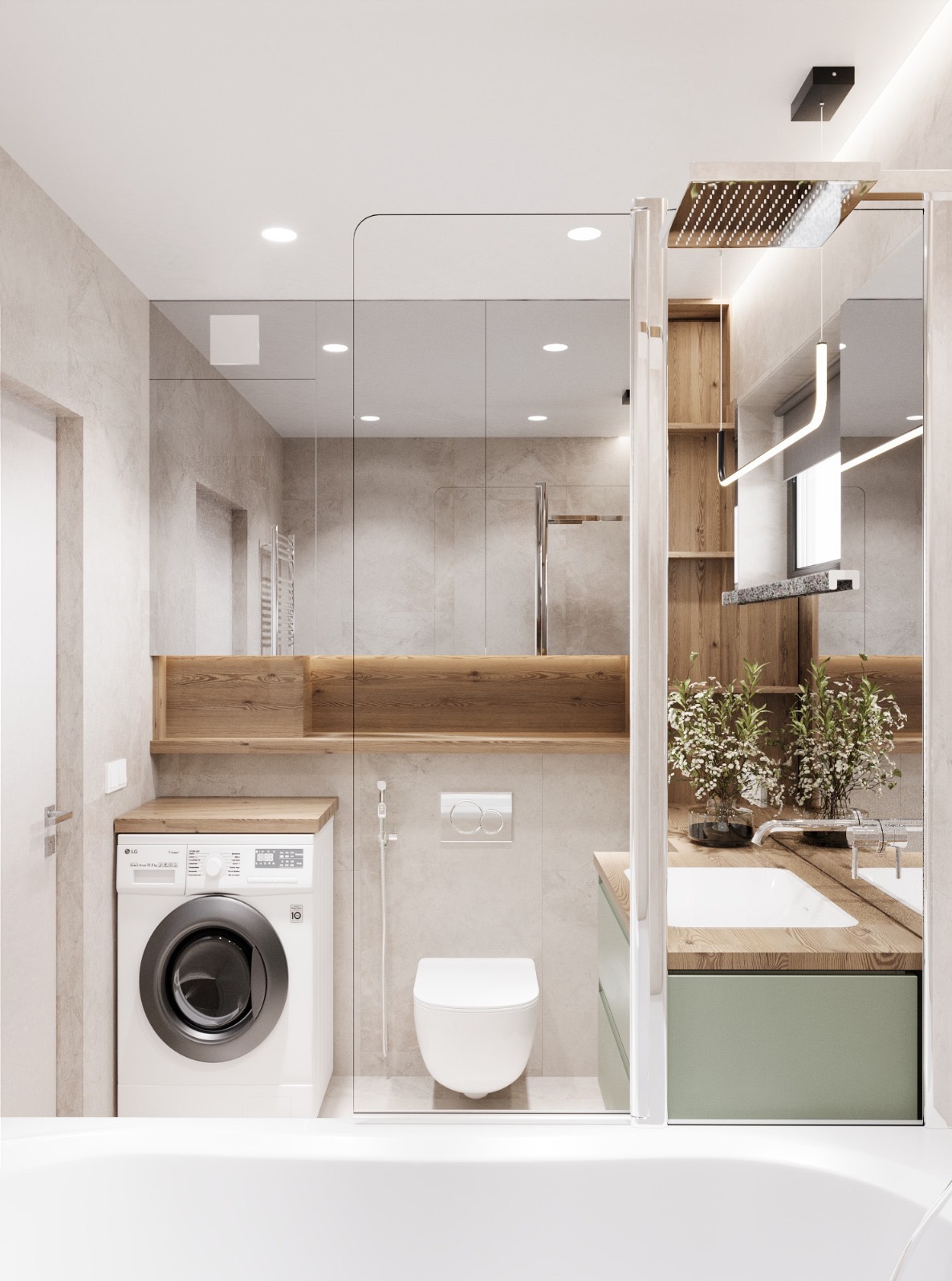 Nowoczesna aranżacja łazienki z pralką LG, podwieszaną toaletą i kabiną prysznicową oddzieloną szkłem, z drewnianymi półkami i zieloną szafką umywalkową, oświetlona punktowymi lampami sufitowymi.