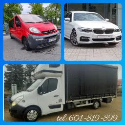 Kolaż z trzema zdjęciami: czerwony bus Opel Vivaro, białe BMW serii 5 i biały samochód dostawczy z plandeką i numerem telefonu.