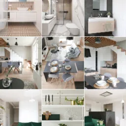 Kolaż przedstawiający różnorodne wnętrza: łazienki z nowoczesną armaturą, jadalnię z minimalistycznym stołem, salon z zieloną sofą i regały z dekoracjami.