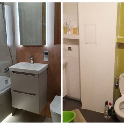 Krisbud - Nowoczesna łazienka z podświetlanym lustrem, drewnopodobnymi płytkami i wanną obok starszej toalety z zielonymi kafelkami, ukazująca kontrast stylistyczny.