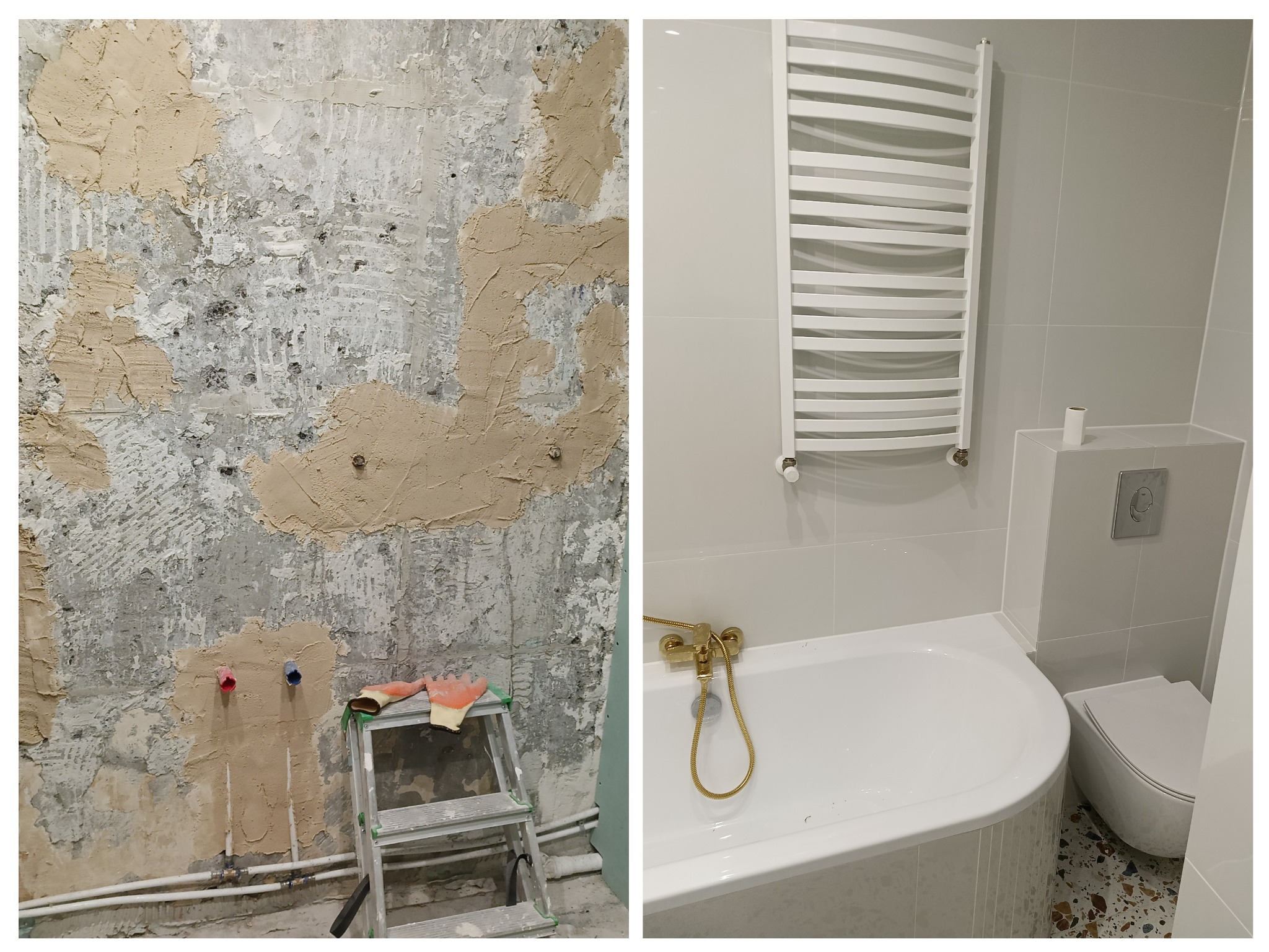 Połączenie dwóch etapów: surowa ściana z nałożoną zaprawą obok gotowej łazienki z białą wanną, grzejnikiem drabinkowym i toaletą w szaro-białej kolorystyce z akcentami złota