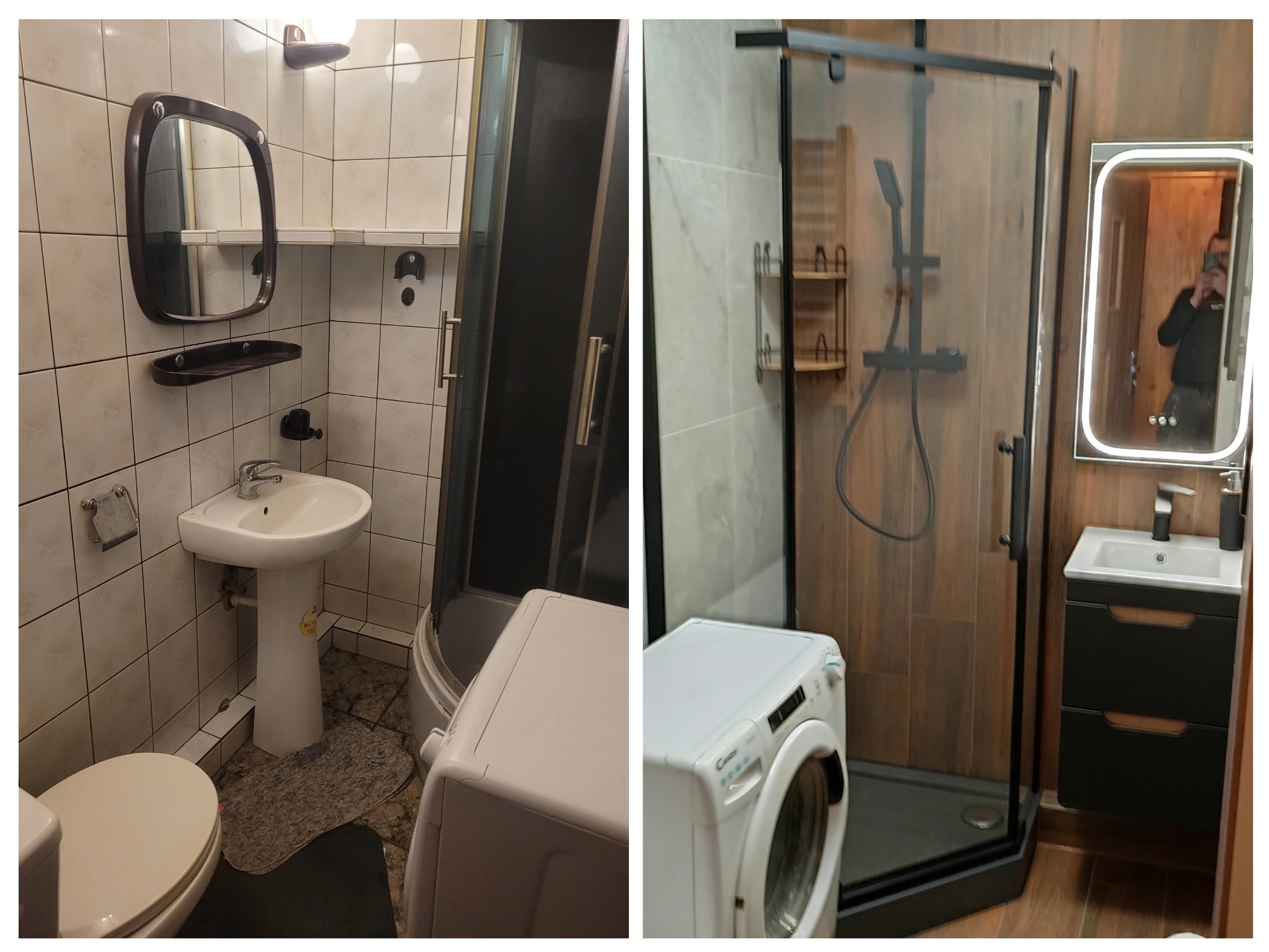 Porównanie łazienki przed i po remoncie: po lewej stronie stara glazura i armatura, po prawej nowoczesna kabina prysznicowa z czarnymi elementami, umywalka z szafką i podświetlane lustro. Widoczna...