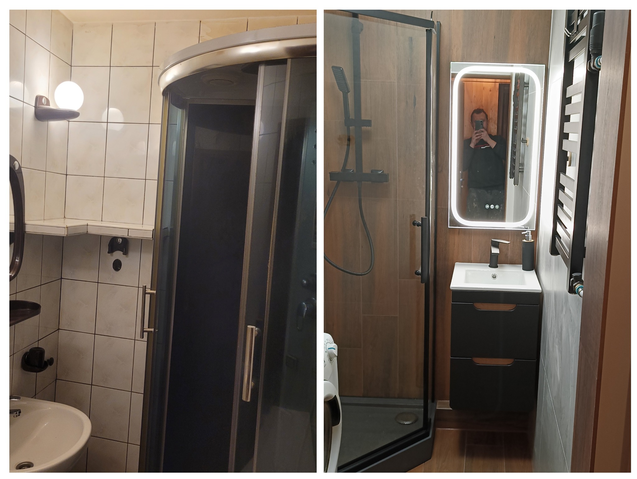 Wykończona łazienka w Bydgoszczy z kabiną prysznicową z czarnymi elementami, umywalką z szafką i podświetlanym lustrem, widoczne płytki imitujące drewno.