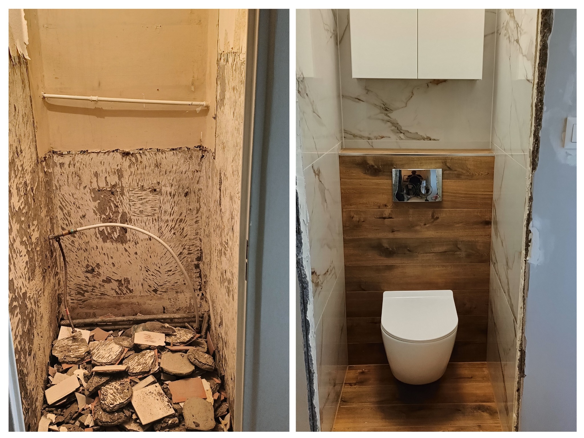 Porównanie stanu łazienki przed i po: zdemontowane stare płytki i gruz po lewej, nowa toaleta podwieszana, drewnopodobne panele i marmurowe płytki po prawej.