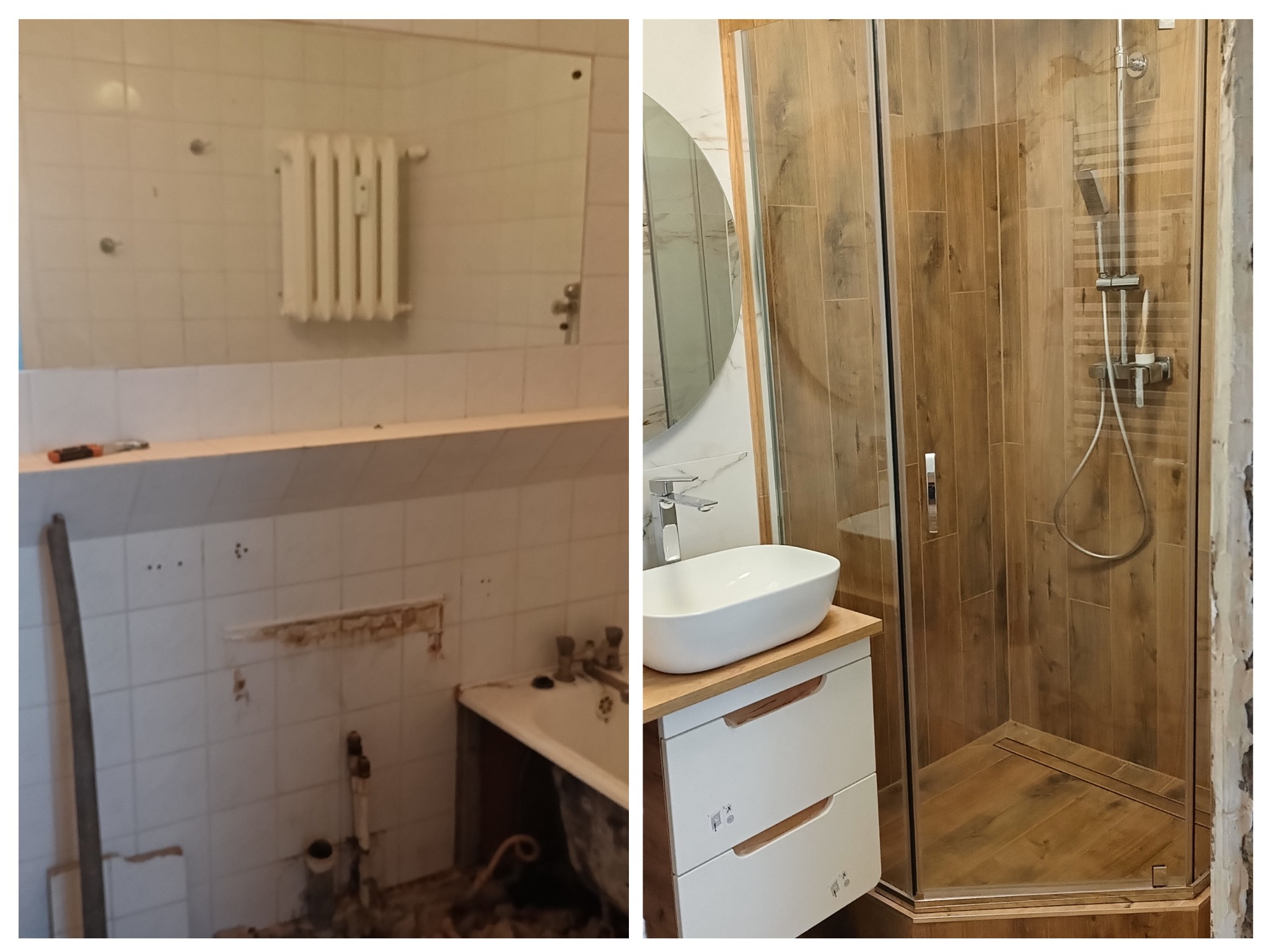 Porównanie łazienki przed i po remoncie: stara wanna i białe płytki zestawione z nowoczesną kabiną prysznicową z drewnopodobnymi płytkami, umywalką nablatową na szafce z szufladami i okrągłym lustrem.