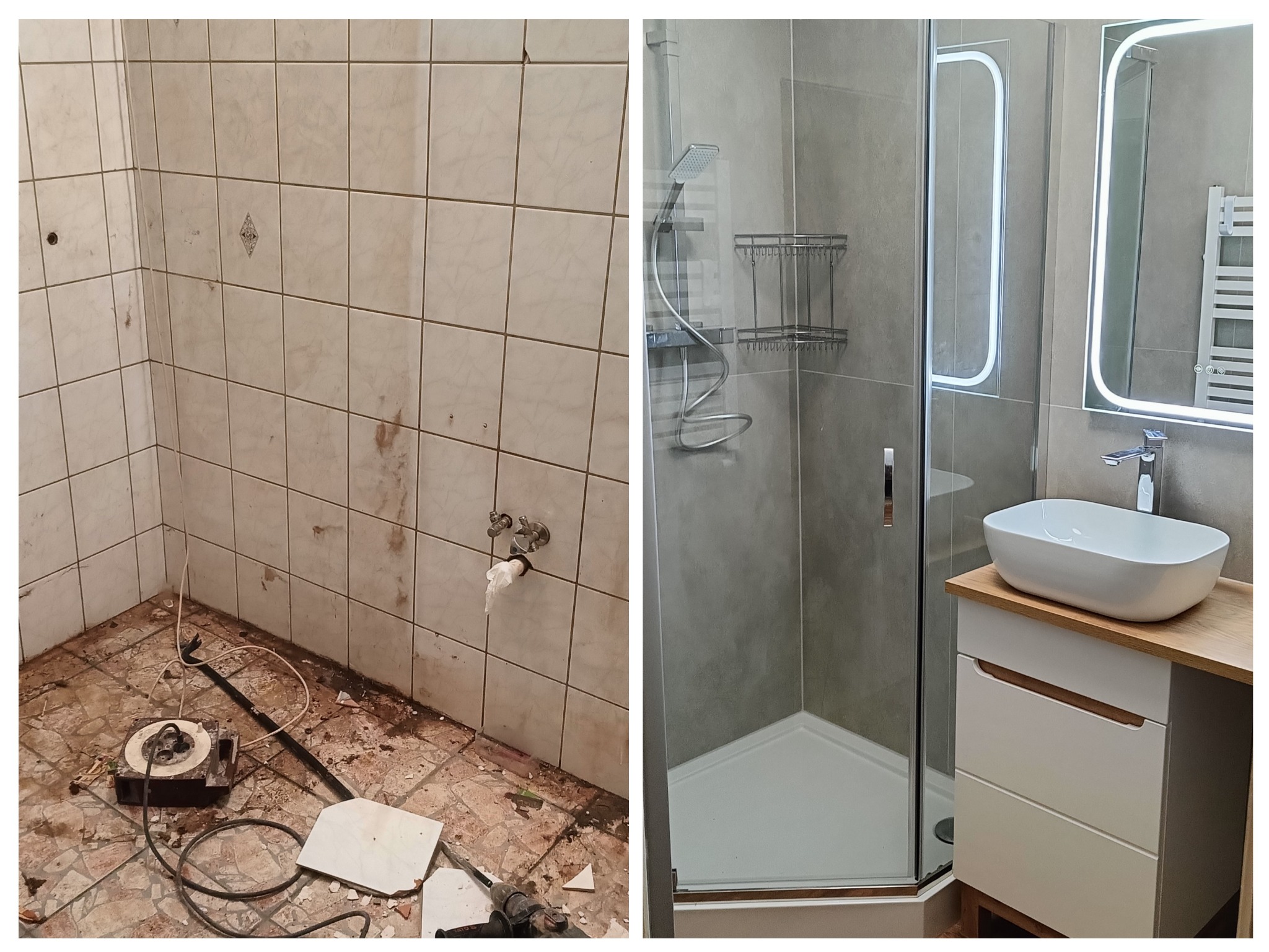 Zdjęcie typu 'przed i po' prezentujące metamorfozę łazienki: od stanu surowego z brudnymi płytkami do nowoczesnej, wykończonej łazienki z kabiną prysznicową i umywalką.