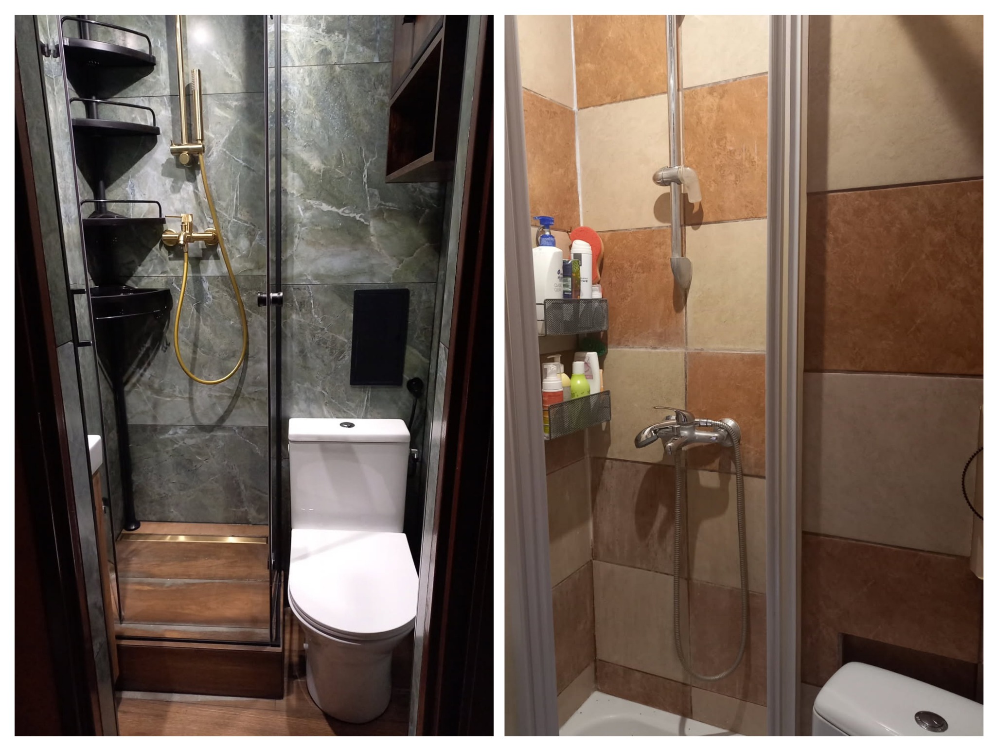 Dwie odrębne aranżacje łazienek: jedna z zielonym marmurem i złotą armaturą, druga z brązowymi płytkami i prysznicem za zasłoną. Widoczne toalety.