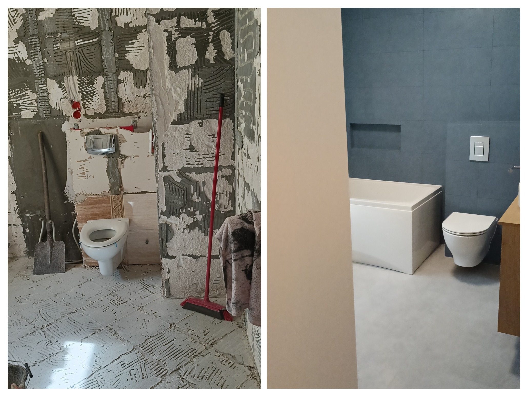 Zdjęcie 'przed i po' prezentuje metamorfozę łazienki: od stanu surowego z odsłoniętą instalacją i resztkami kleju, do nowoczesnej, wykończonej przestrzeni z szarą glazurą i białą armaturą.