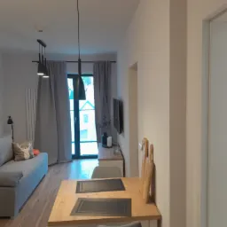 Jasne wnętrze mieszkania z drewnianą podłogą, stołem jadalnym z szarymi podkładkami, szarą sofą z poduszką z motywem jelenia, oknem z szarymi zasłonami i nowoczesnym oświetleniem wiszącym.