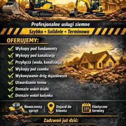 RAFSED - Grafika reklamowa usług ziemnych: wykopy, drenaże, przyłącza. Żółte koparki na tle domu, hasła: solidnie, terminowo. Numer telefonu i logo firmy RAFSED.