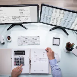 Biurko z dwoma monitorami, laptopem, kalkulatorem i segregator z fakturami. Osoba analizuje dokumenty, używając kalkulatora i długopisu.