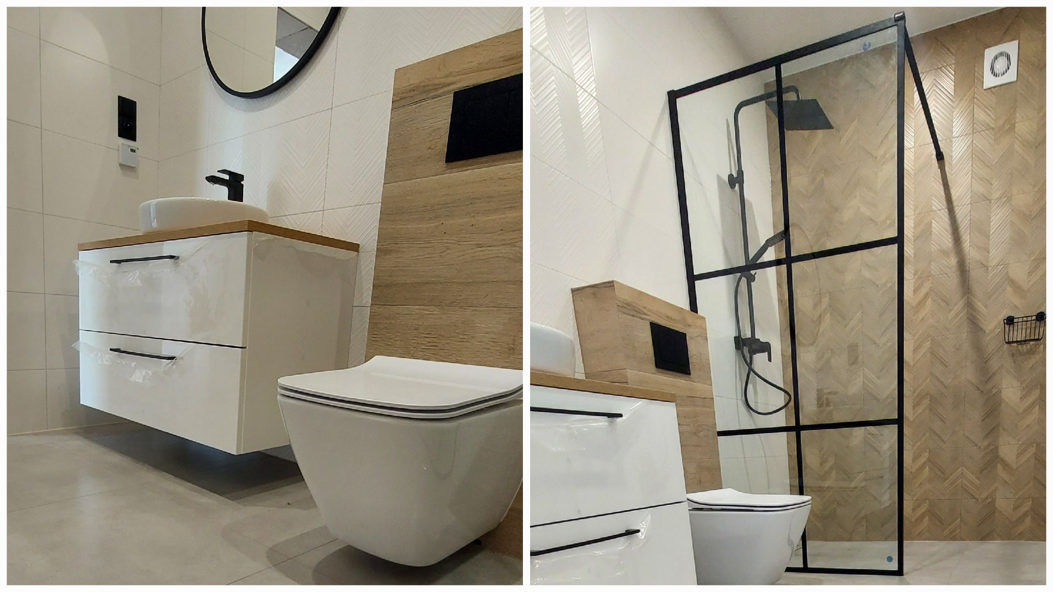 Nowoczesna łazienka z białą szafką pod umywalką, podwieszaną toaletą i kabiną prysznicową z czarnymi profilami na tle płytek imitujących drewno, częściowo jeszcze zabezpieczona folią ochronną.