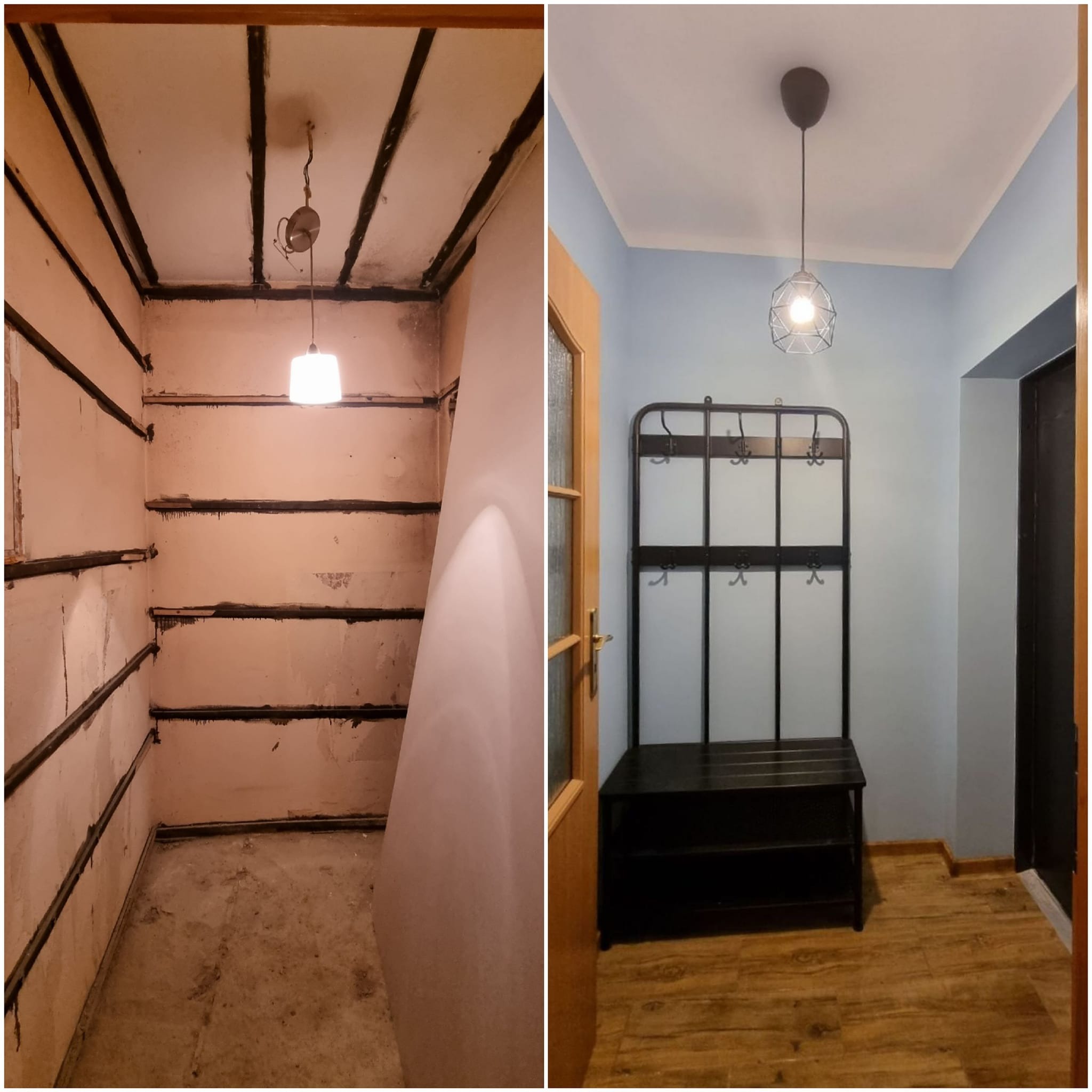 Porównanie stanu pomieszczenia przed i po: surowy pokój z odsłoniętymi belkami i wiszącą żarówką kontra odnowione wnętrze z niebieskimi ścianami, drewnianą podłogą, wieszakiem na ubrania...