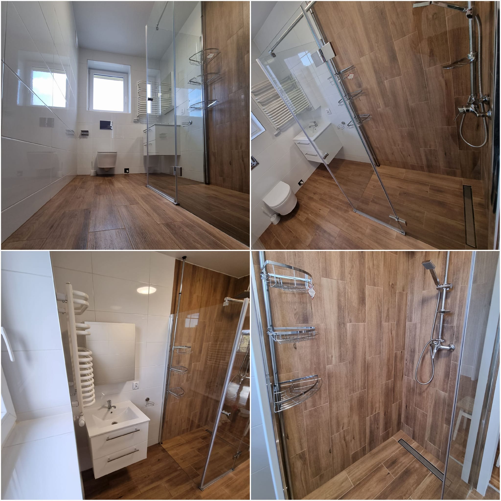 Nowoczesna łazienka z kabiną prysznicową typu walk-in, wykończona płytkami imitującymi drewno, z białą armaturą i grzejnikiem drabinkowym.