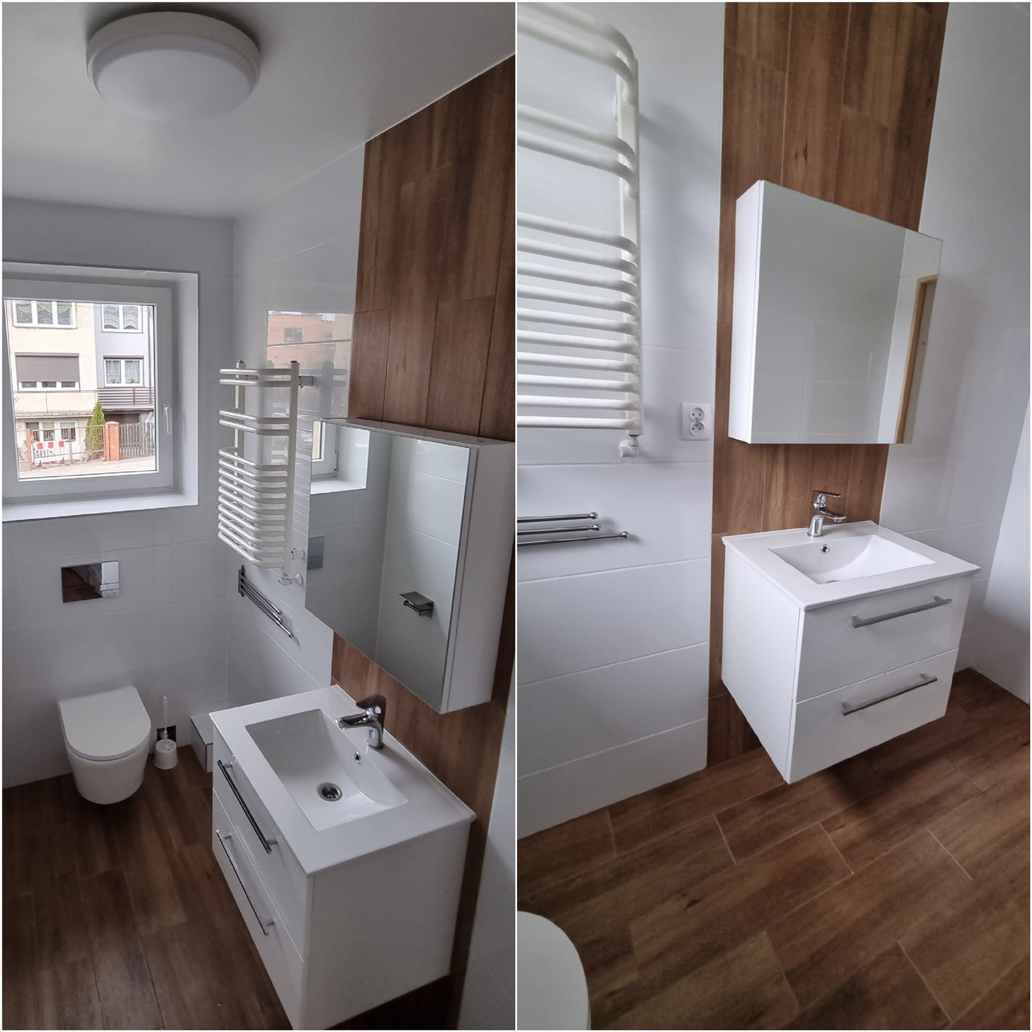 Nowoczesna łazienka po renowacji z białymi płytkami, drewnopodobnymi akcentami, wiszącą toaletą i szafką z umywalką, widok z dwóch perspektyw.
