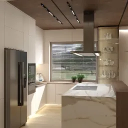 Nowoczesna kuchnia w odcieniach bieli i beżu z marmurowym blatem wyspowym, szklanymi witrynami i drewnianym sufitem z oświetleniem liniowym, widziana z perspektywy baru.