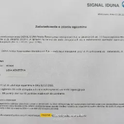 Skan zaświadczenia o zdanym egzaminie z zakresu działalności ubezpieczeniowej, wydanego przez Signal Iduna Polska Towarzystwo Ubezpieczeń S.A. z datą 13.10.2021, potwierdzające kwalifikacje Pani...