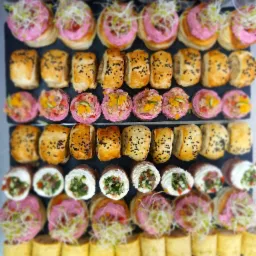 Różnorodne, dekoracyjne przekąski ułożone rzędami na czarnej tacy: babeczki z różowym kremem i kiełkami, roladki z ciasta francuskiego z czarnym sezamem, tartaletki z białym kremem i warzywami...