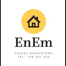 EnEm Nikola Pantelić - Logo firmy EnEm Usługi Remontowe z pikselową ikoną domu w żółtym okręgu i numerem telefonu. Minimalistyczny design na białym tle.