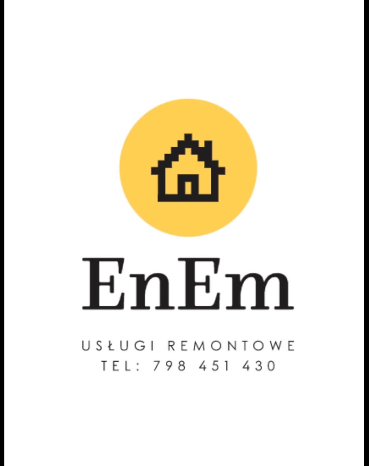 Logo firmy EnEm Usługi Remontowe z pikselową ikoną domu w żółtym okręgu i numerem telefonu. Minimalistyczny design na białym tle.