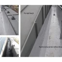 Hydroizolacja kanałów zlewowych dachu, widok przed i po aplikacji, szare powierzchnie, rura odpływowa.