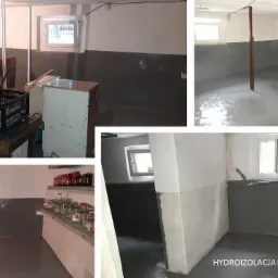 Piwnica po hydroizolacji ścian i podłogi, widoczne ślady wody, elementy wyposażenia piwnicy, okno piwniczne.