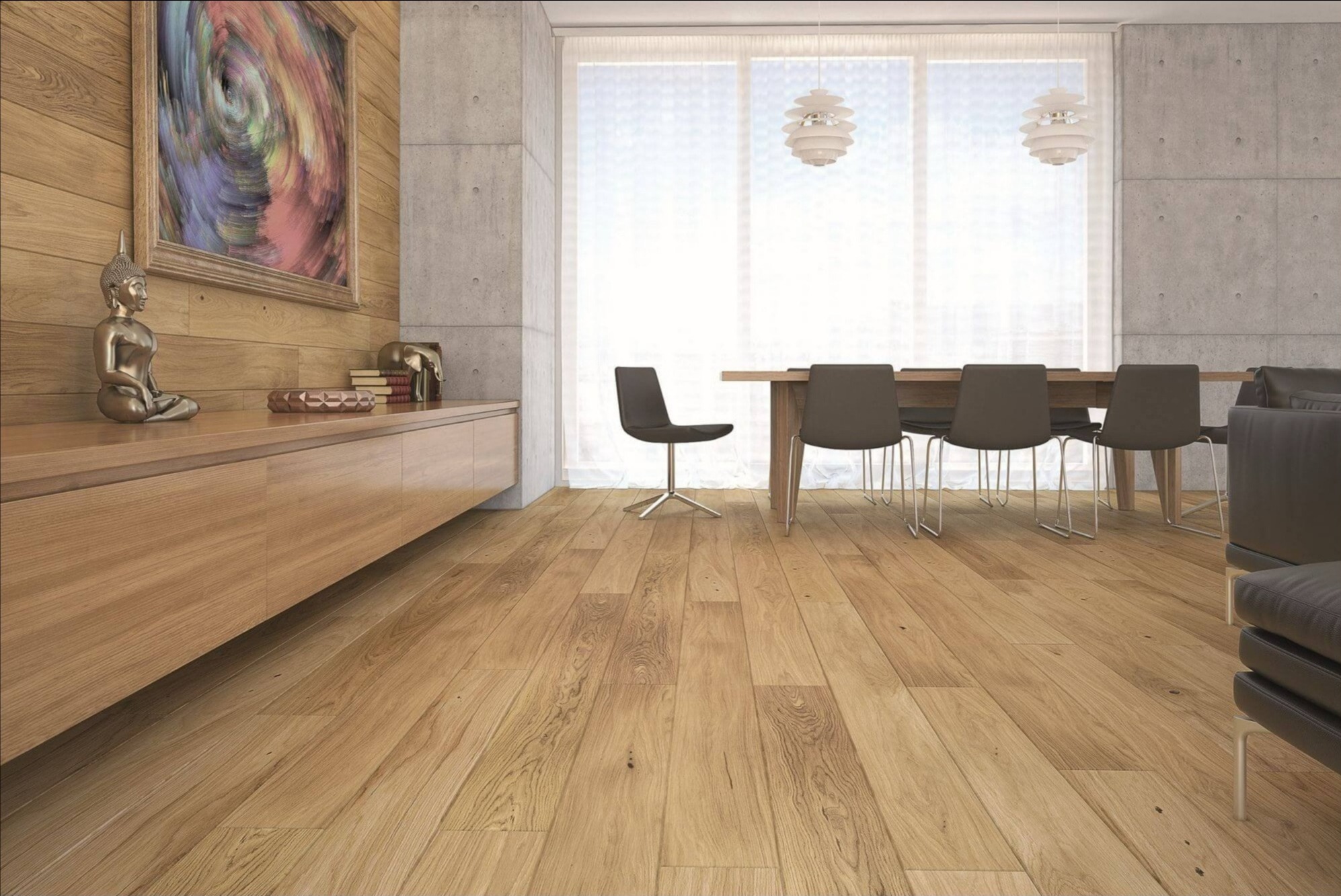 Jasna drewniana podłoga w jadalni z minimalistycznym wystrojem, betonowe ściany i nowoczesne oświetlenie.