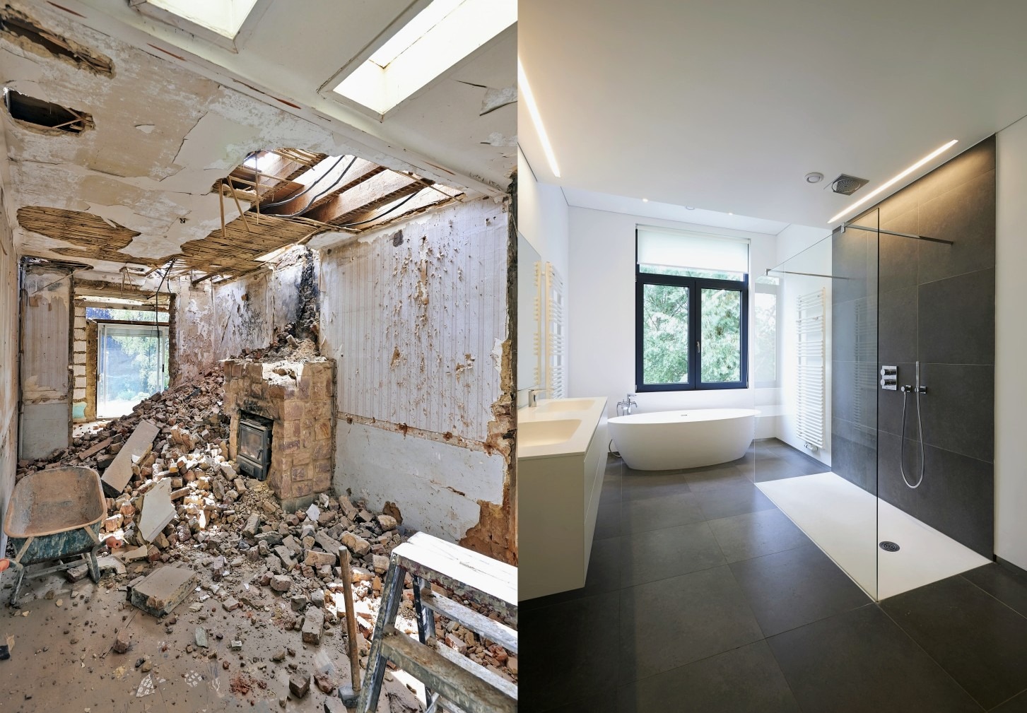 Kontrastowe zestawienie: zrujnowane wnętrze z gruzem i odsłoniętą konstrukcją dachu obok wyremontowanej, minimalistycznej łazienki z wolnostojącą wanną, kabiną prysznicową i dużym oknem.