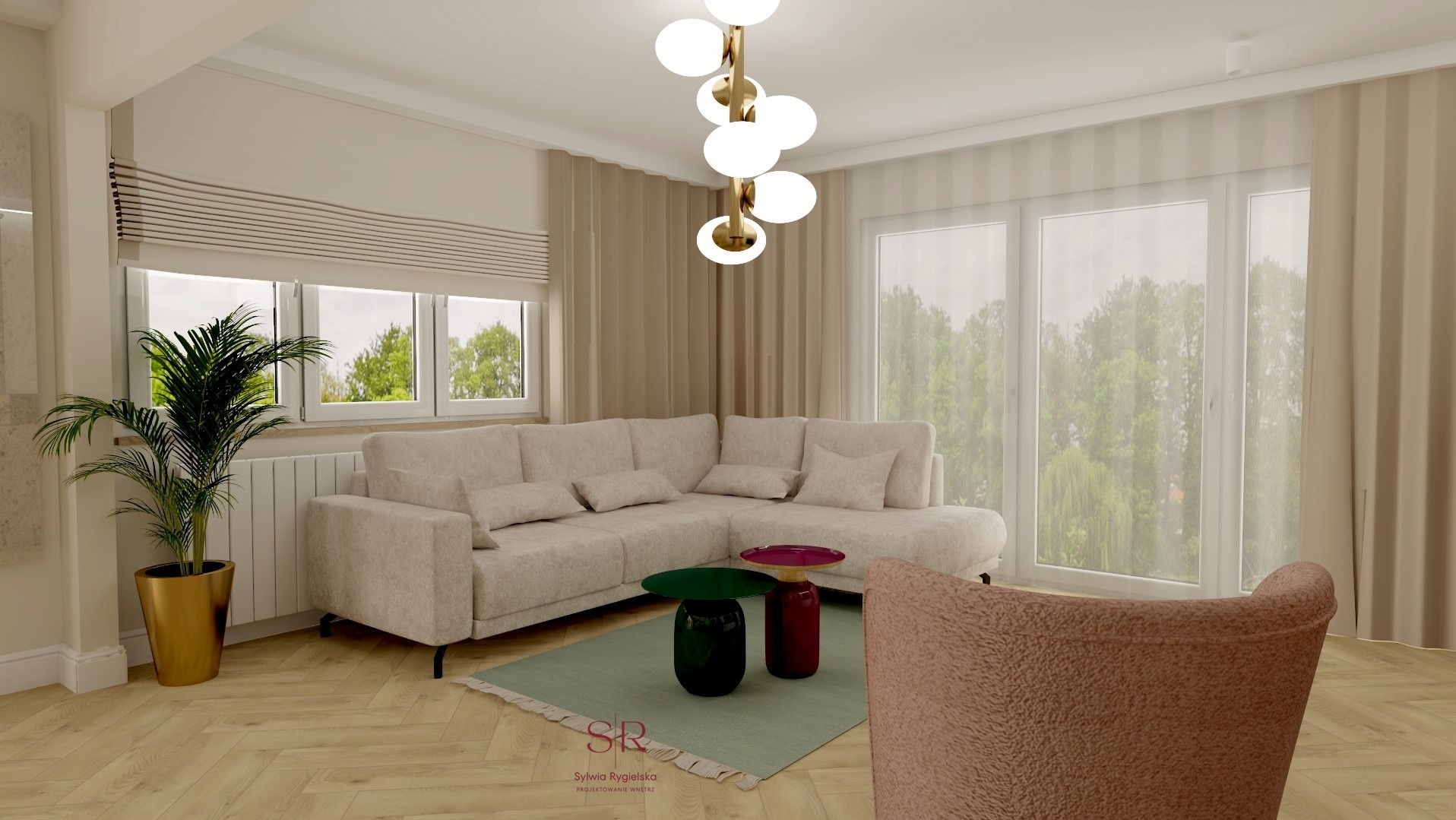Wizualizacja salonu z narożną sofą w odcieniach beżu, okrągłym stolikiem kawowym w kolorach zieleni i bordo, oraz lampą z kulistymi kloszami, na podłodze parkiet w jodełkę.