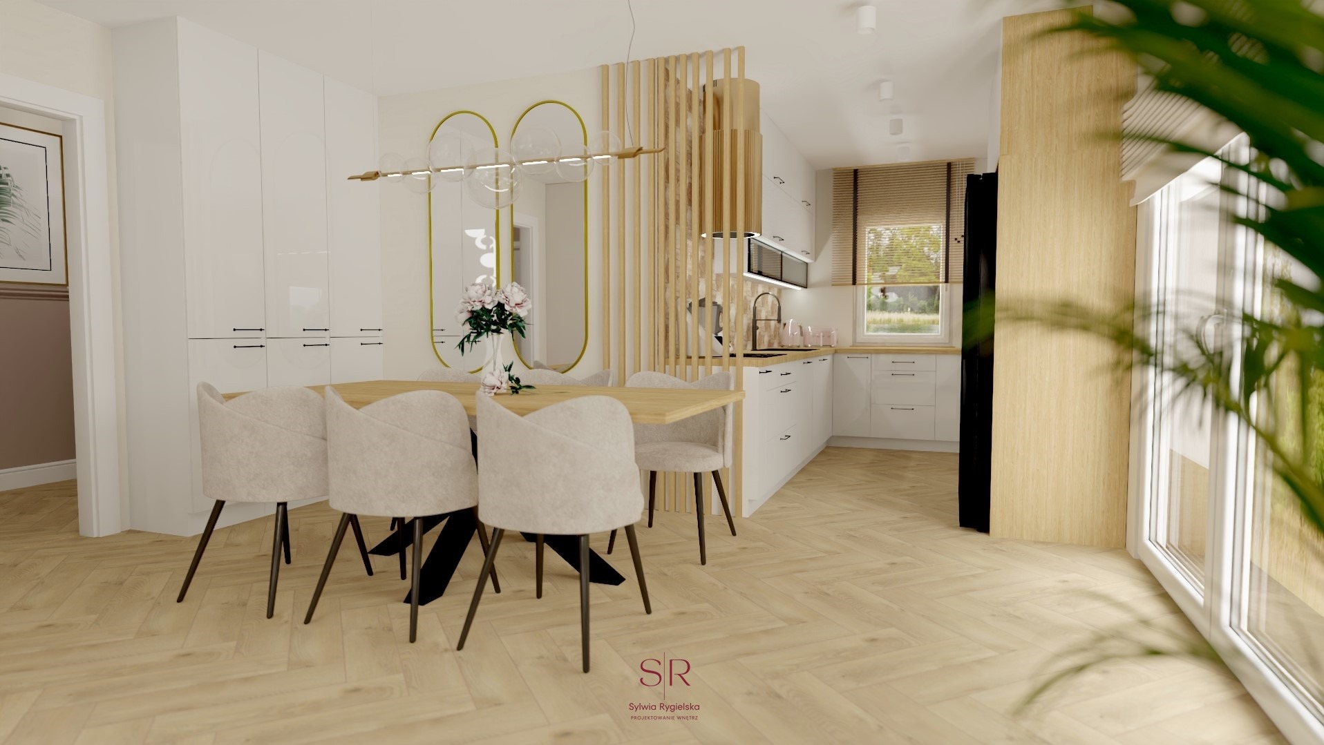 Wizualizacja jadalni z drewnianym stołem, krzesłami w odcieniach beżu, złotymi lustrami i drewnianą ażurową ścianką działową oddzielającą kuchnię, parkiet ułożony w jodełkę francuską, widok...