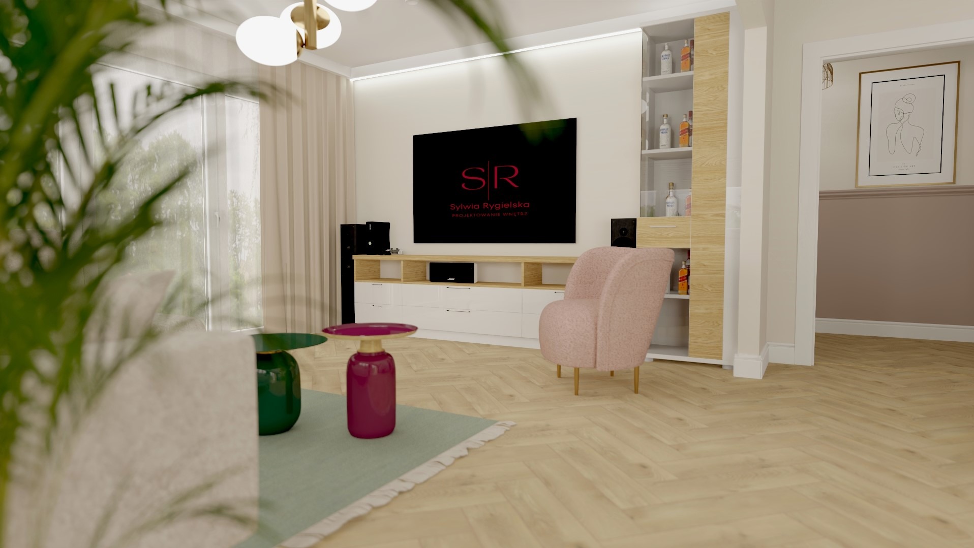 Wizualizacja salonu z jasną podłogą ułożoną w jodełkę, różowym fotelem boucle, niską szafką RTV z białymi frontami, telewizorem z logo firmy projektowej, oraz zielono-różowym stolikiem kawowym...