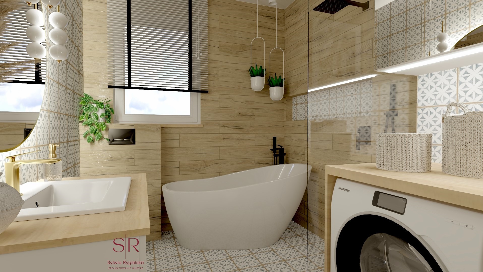 Wizualizacja nowoczesnej łazienki z drewnopodobnymi płytkami, wolnostojącą białą wanną, złotą armaturą, pralką i dekoracyjnymi koszami.