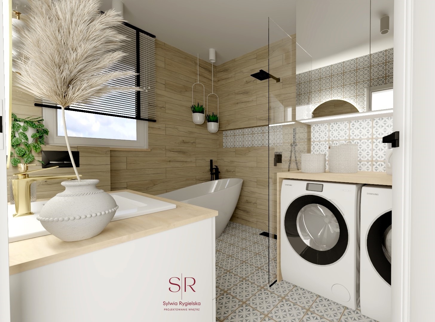 Nowoczesna łazienka z drewnianymi płytkami, wolnostojącą wanną, złotą armaturą, pralkami i ozdobnymi koszykami na półce.